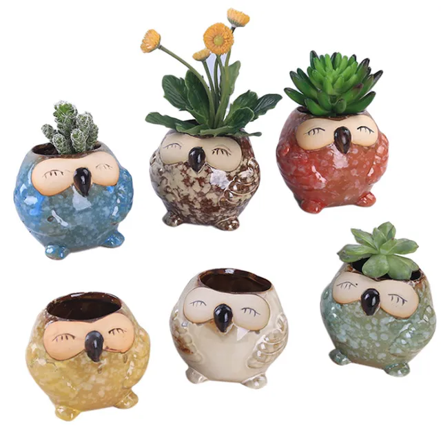Mini Cute Ceramic Animal Flower Pot Smiling Owl Vase Gardening Flowerpots Succulent Plant Pot