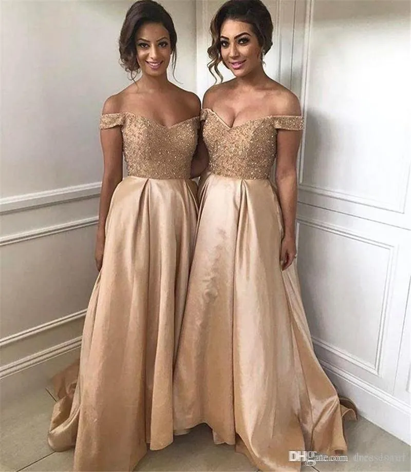 Elegant Gold Bridesmaid Dresses With Beaded Sequin Sexy Off Shoulder a Line Long Maid Of honor Gown Custom Made