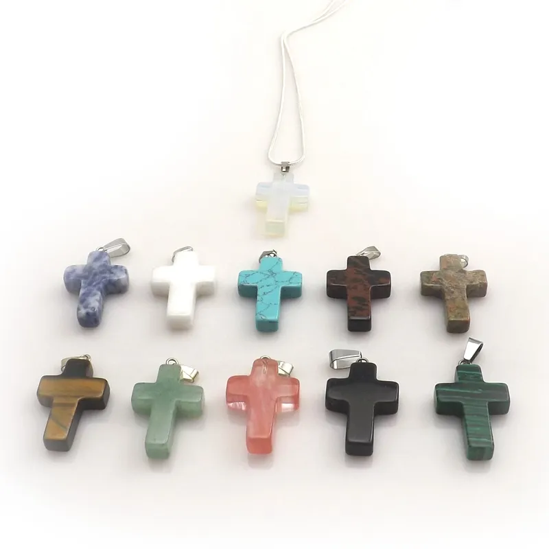 Blandat parti Natural Stone Cross Pendant Silver Color Chain Chokers for Women 12st/Lot