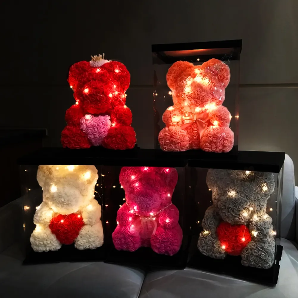 Regalo di San Valentino 25 cm Rosa rossa Teddy Bear Schiuma Flower Flower Decorazione artificiale con lampade a LED 3M Confezione regalo Valentino