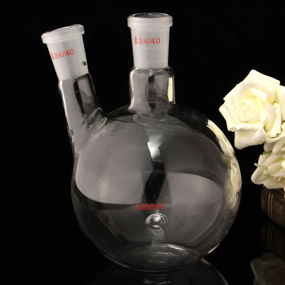 1000ml 2 Neck 24/40 Płaskie Dolne Szkło Flask Laboratory Wrzące Butelki Lab Materiały Glassware Zestaw Przezroczysty Chemia