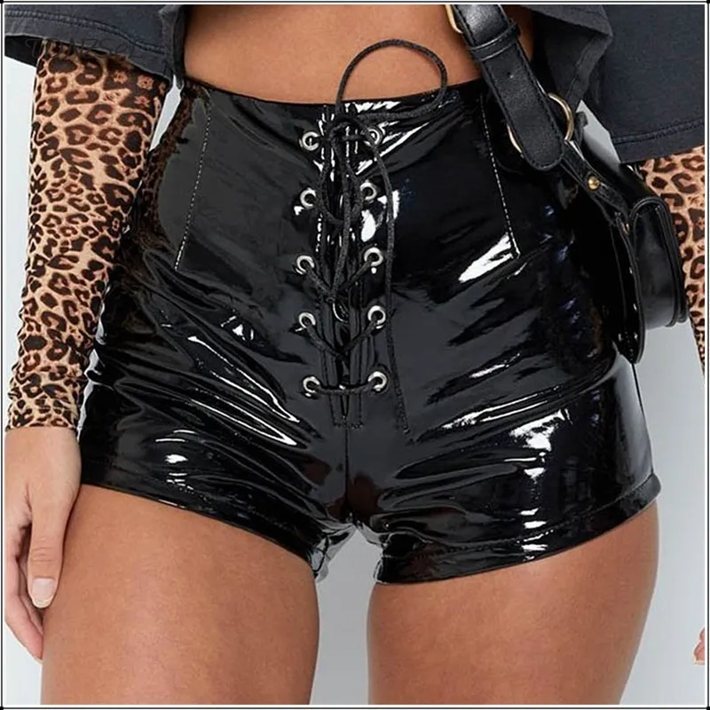 Women Sexy PU Patent Leather Bandage Skinny Shorts High Waist Lace Up PVC Latex Solid Color Package Hip Shorts Capris Nightclub