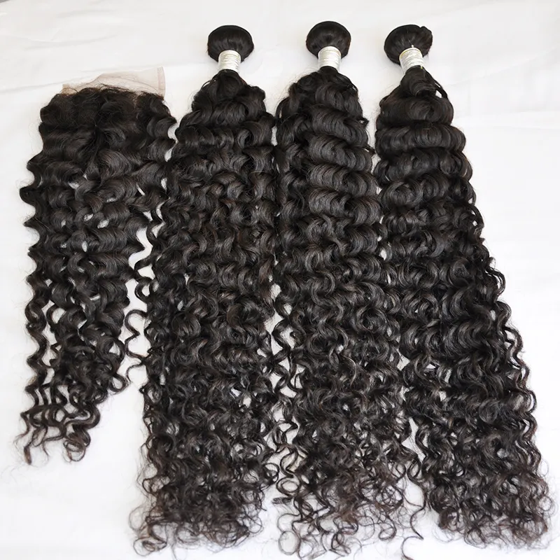 Grade 10a 100 paquets de cheveux humains brésiliens droits droits de vague profonde avec fermeture couleur naturelle trame de cheveux remy vierge avec fermeture