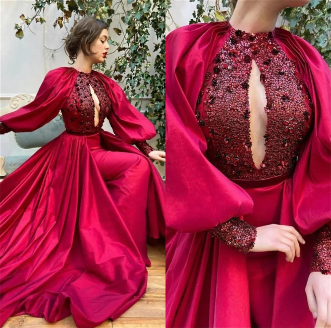 2020 Red Evening Dresses With Detachable Skirt Long Sleeve Mermaid Prom Dress Sweep Train Custom Made Special Robes De Soirée