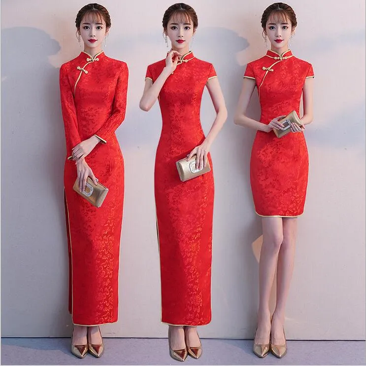 Etiquette cheongsam female 2019 new red Slim welcome lady dress Chinese style fashion elegant show catwalk service