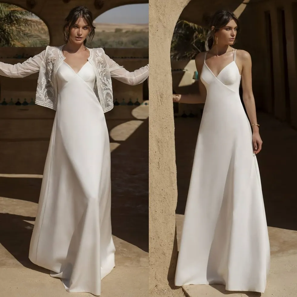 Vestidos de novia elegantes de una línea con mangas largas Chaqueta con cuentas Vestidos de novia con apliques con cuello en V Hasta el suelo Vestido de novia de satén