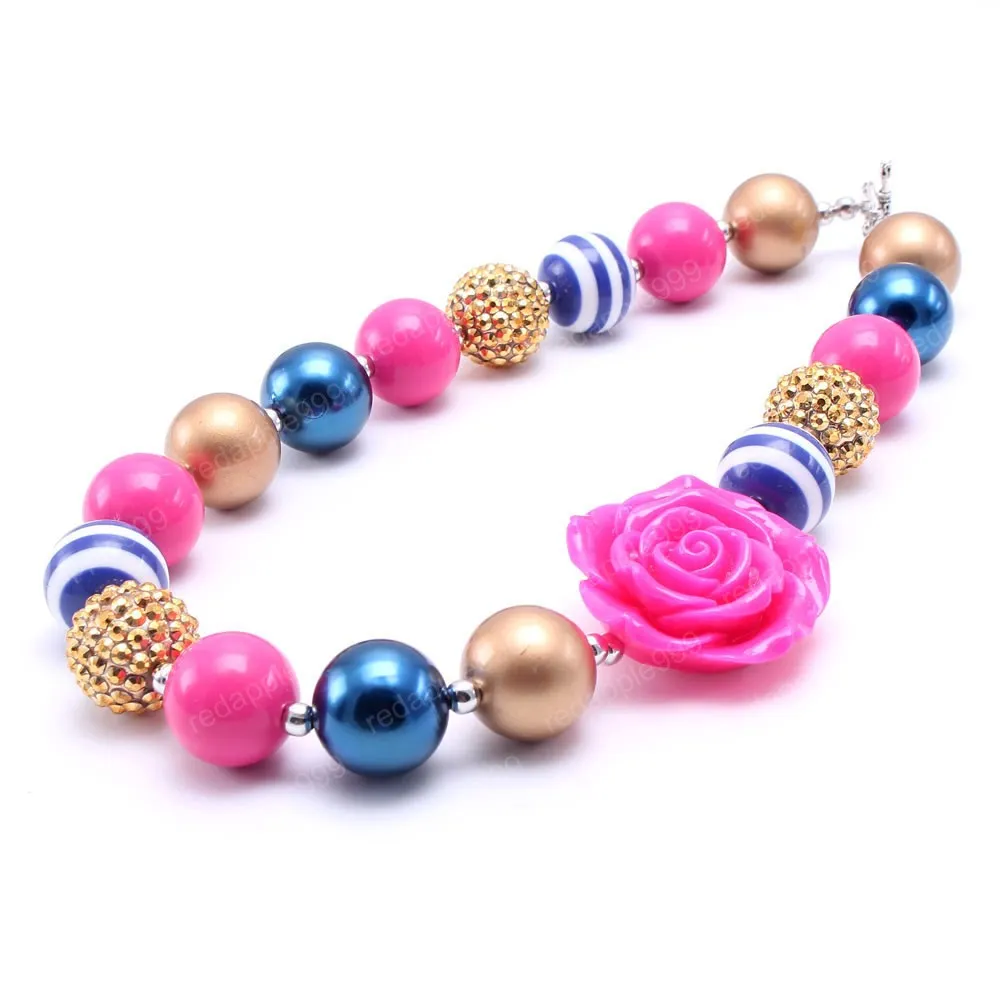 Gold Color Design Toddler Chunky Bead Necklace Rose Flower Kid Girl Bubblegum Chunky Necklace Jewelry Children Gift