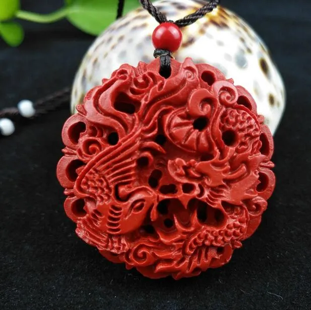 Chinese Natural Red Organic Cinnabar Dragon Phoenix Pendant Necklace Fashion Charm Jewellery Lucky Amulet Gifts for Women