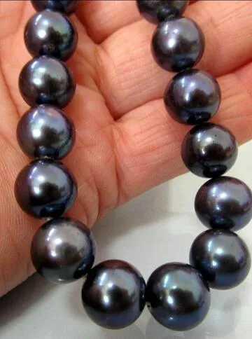 10-11MM TAHITIAN Black South Sea pearl necklace 20 inches 14k gold brooch