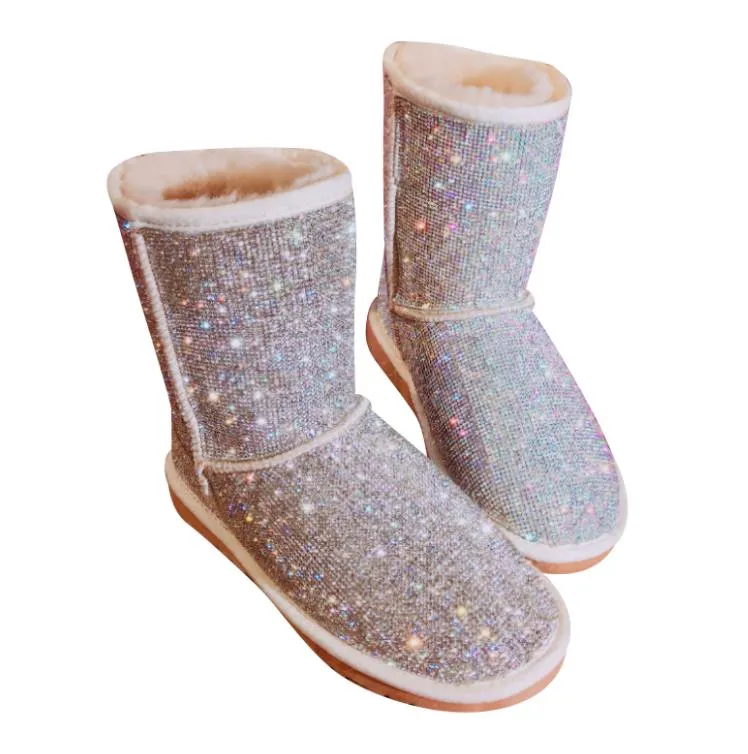 Hot Sale-EU43 Stor storlek Varma vinterstövlar Kvinnor Handgjorda Strass Snöskor Pälsskor Kvinna 2018 Mode Bling Kristaller Mid-Calf