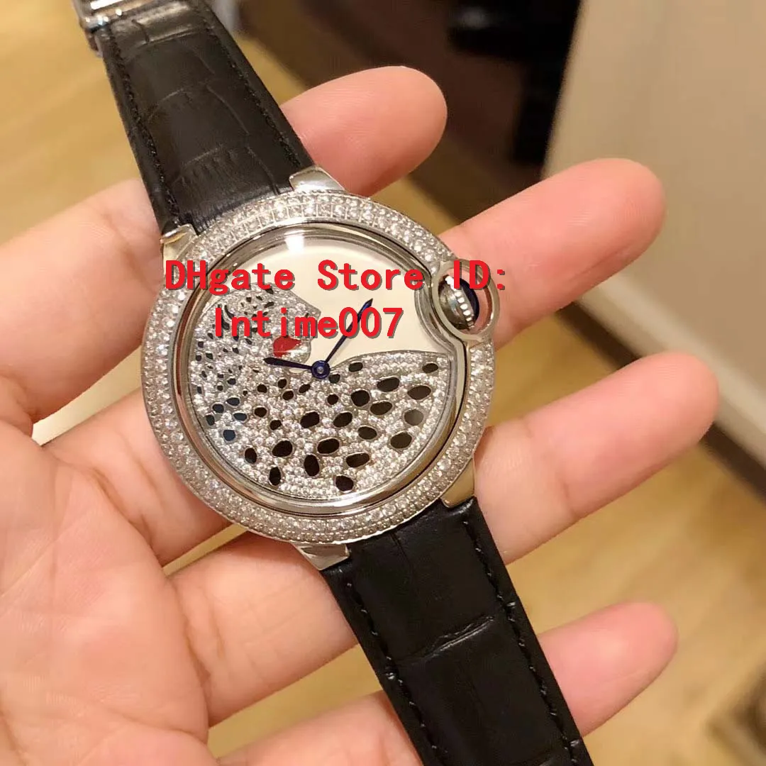 Luxusuhren Leoparden-ZifferblattBezel Damenuhren Quarzbatteriewerk Schwarzes Lederarmband Damenschmuckuhr Armbanduhren 36MM
