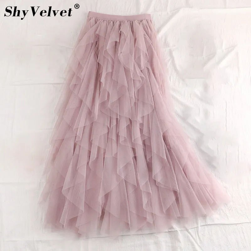 Sweet Ruffled Irregular Maxi Long Tulle Skirts Fairy A-line Pleated Tiered Layered Skirt Flounced Long Tutu Mesh Skirt Adult