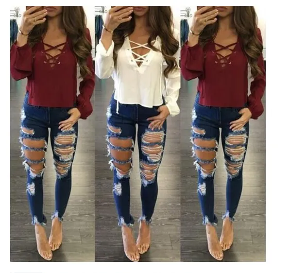 Europe and American Style Women Jeans Ripped Trousers Stretch Tight Women's Denim Pencil Pants
