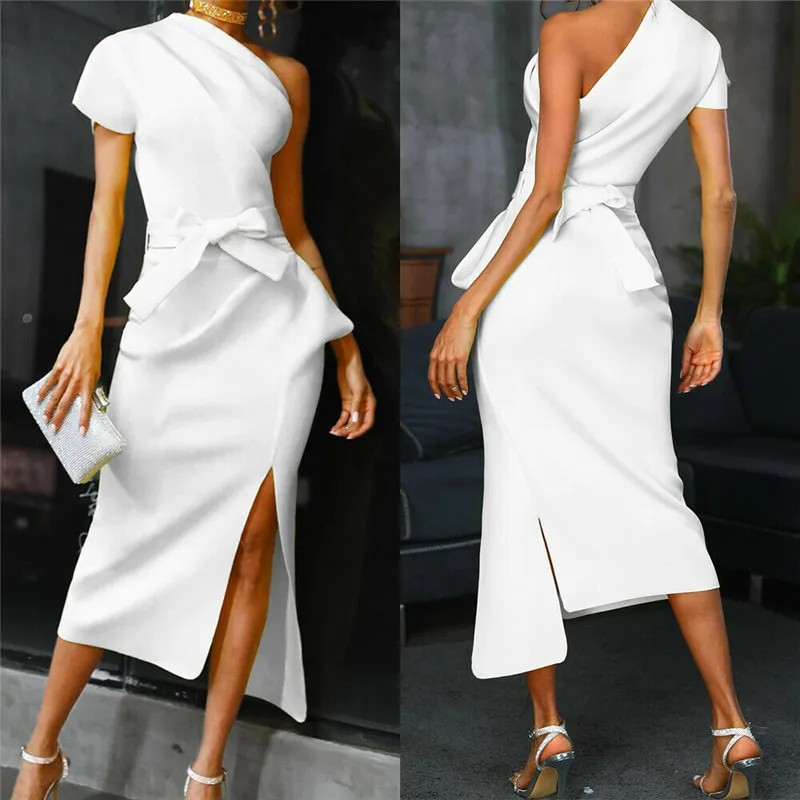 النساء غير الرسميات للسيدات bodycon فستان واحد الكتف السيدات في المساء ميدي رداء Femme LongueBandage فساتين Vestidos