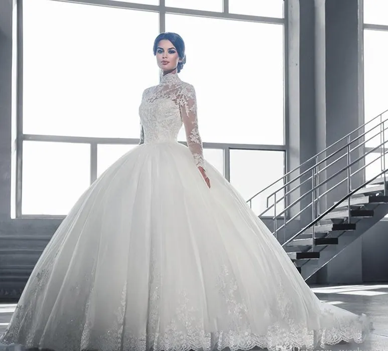 Princess Illusion Applique Princess ballroom wedding gowns with Sheer High Collar and Long Sleeves