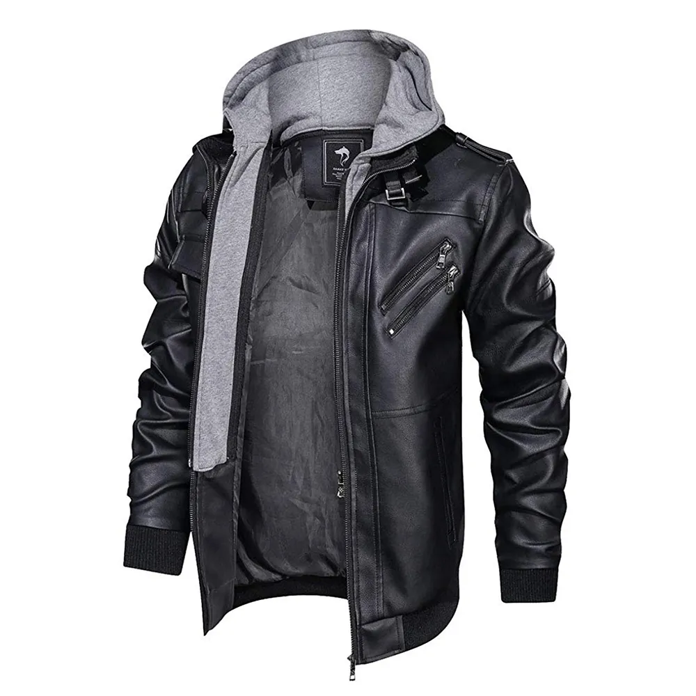 Men Leather Jacket Casual Slim Motorcycle Removable Hooded PU Leather ...