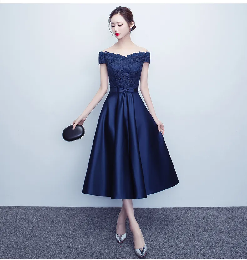 Vestidos azul marino Longitud de té Satén Barco Cuello Cuello 2019 Tarde Vestidos formales Vestidos La Vestidos azul marino Longitud de té Satén Barco Cuello Cuello 2019 Tarde Vestidos formales Vestidos La