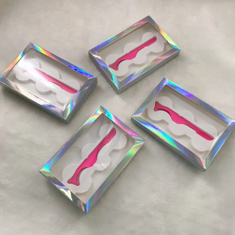 Boîte de 3 paires de cils holographiques avec pince à épiler, pour cils naturels longs et épais 3D 5D 25mm