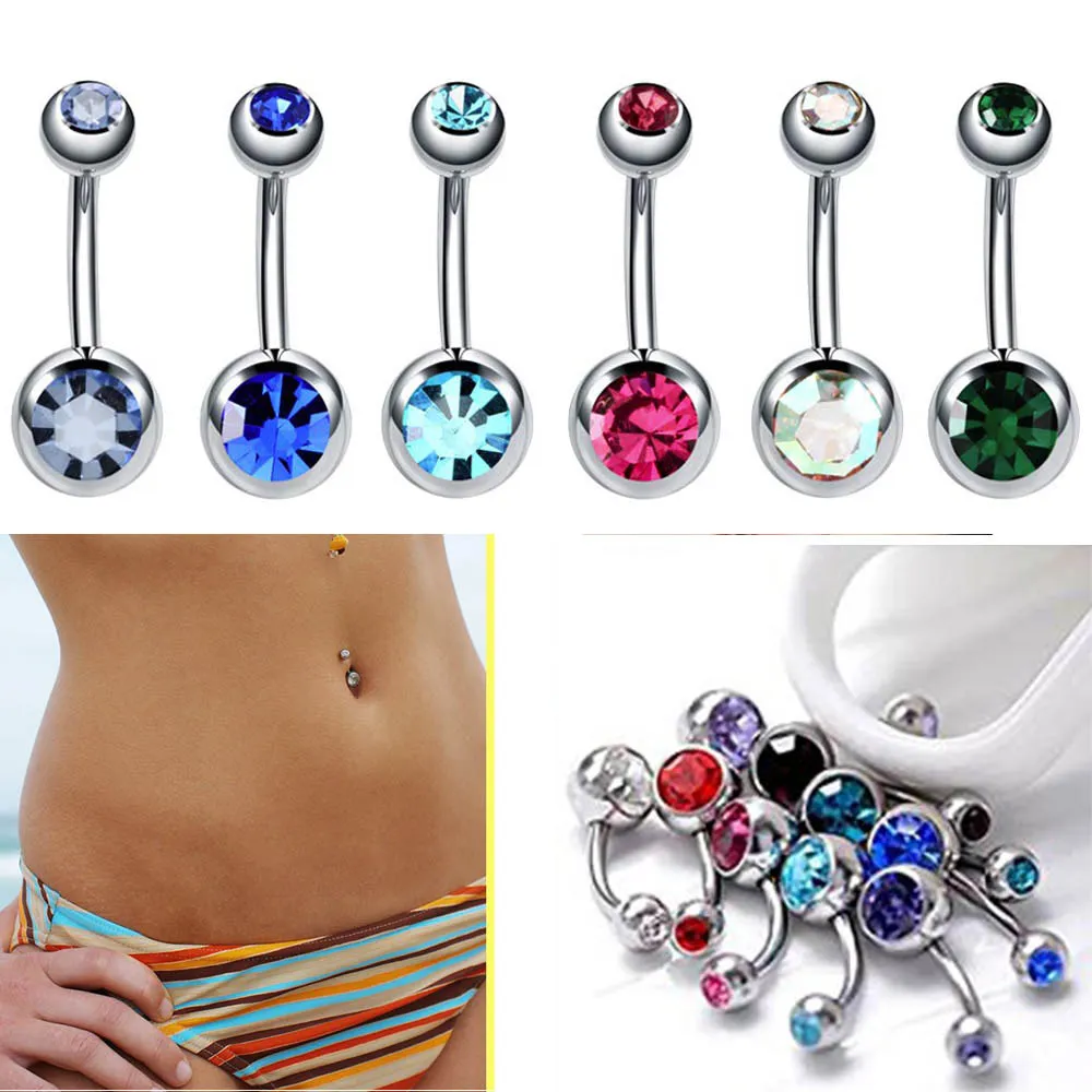 Ombligo 5 / 8mm Topu Nombril delici Çok renkli paslanmaz çelik Göbek Düğme Halkalar Tek Kristal Rhinestone göbek tırnak göbek halkası Navel