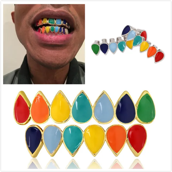 18k ouro branco ouro bling colorido vampiro dentes grades para cima fundo de gotejamento de hip hop gotejão Grillz Halloween dental dental boné jóias para venda