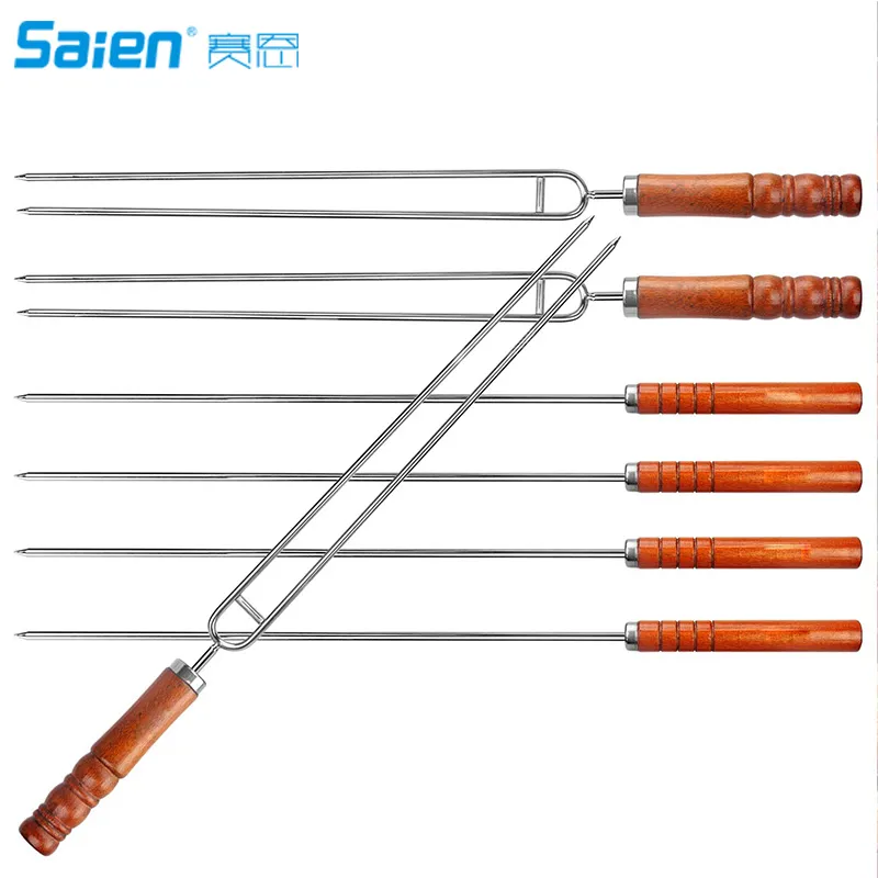 Premium BBQ Skewers: Double Prongs, Stainless Steel, Wooden Handle, 16 ...
