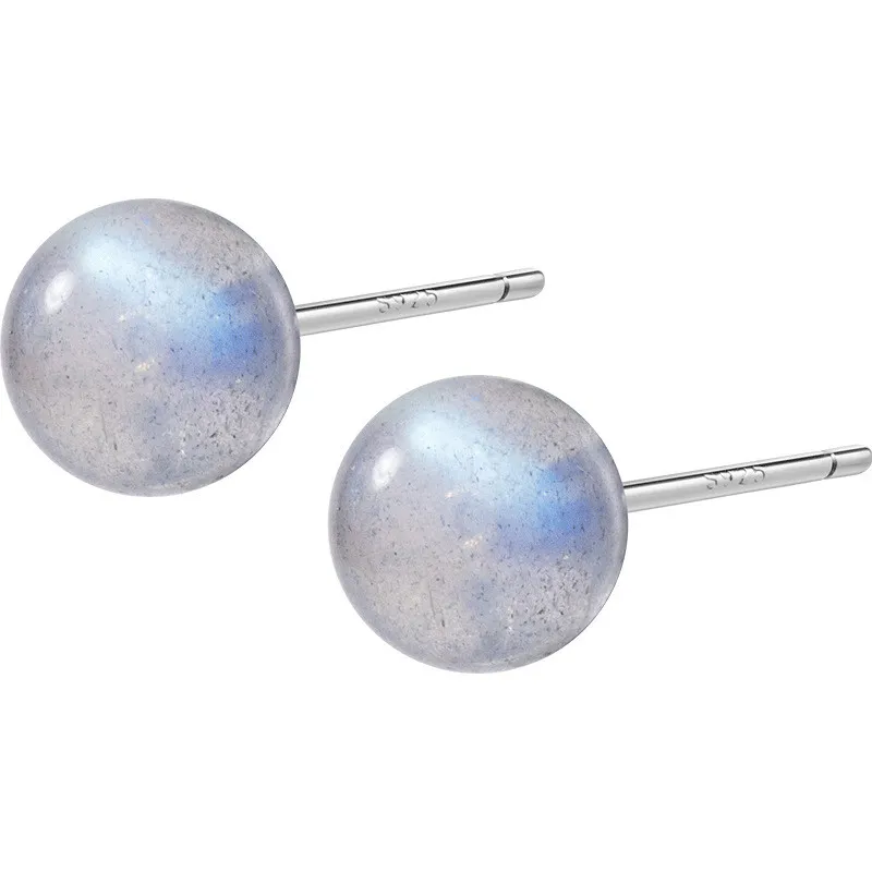 Ny Enkel 925 Sterling Silver Moon Stone Stud Örhängen för Kvinnor Flickor Tiny Round Labradorite Örhängen Bröllopsfestgåvor