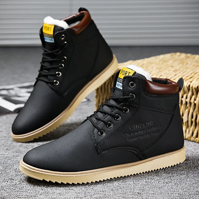 Vente chaude-Automne En Cuir Cheville Neige Hommes Bottes Chaussures Avec Fourrure En Peluche Chaud Mâle Casual Boot Sneakers