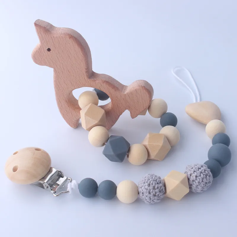 Natural Wooden Silicone Baby Teether Organic Wood Bead Pacifier Clip Crochet Rattle Teething Ring Sensory Toy