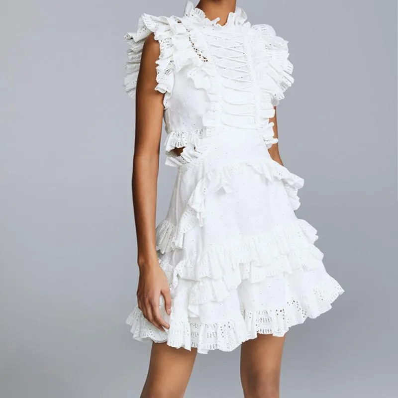 Kadınlar İleri teknoloji Custom Self Portrait Beyaz Dantel Elbise Kolsuz Yüksek Bel şık Sunner Pist Elbise