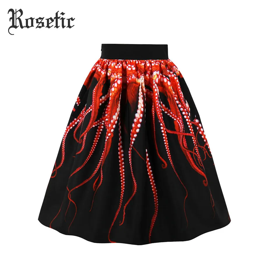 Rosetic Gothic Frauen Sommer Octopus Gedruckt Sommer A-Linie Mode Burgund Casual Röcke Plus Größe Vintage Retro Mini Rock