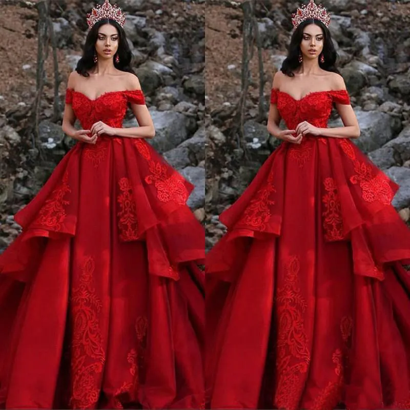 Plus Size Newest Red Prom Party Dresses 2019 Off Shoulder Appliques Sequins Layered Ruffles Formal Pageant evening Gowns Vestidos