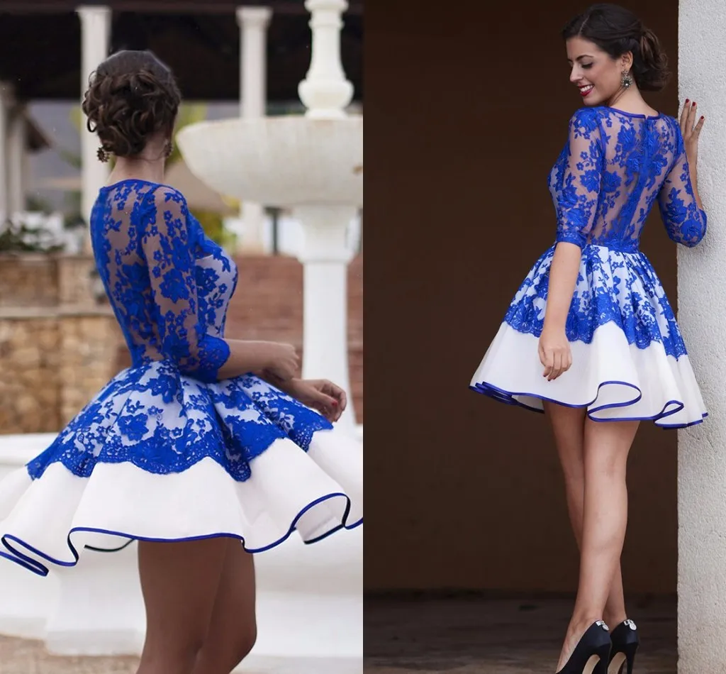 2022 Królewski Niebieski i Biały Krótkie Afryki Ślubne Suknie Z Pół Długim Rękawem Koronkowa Suknia Balowa Bridal Party Wedding Recepcja Sukienka Tani