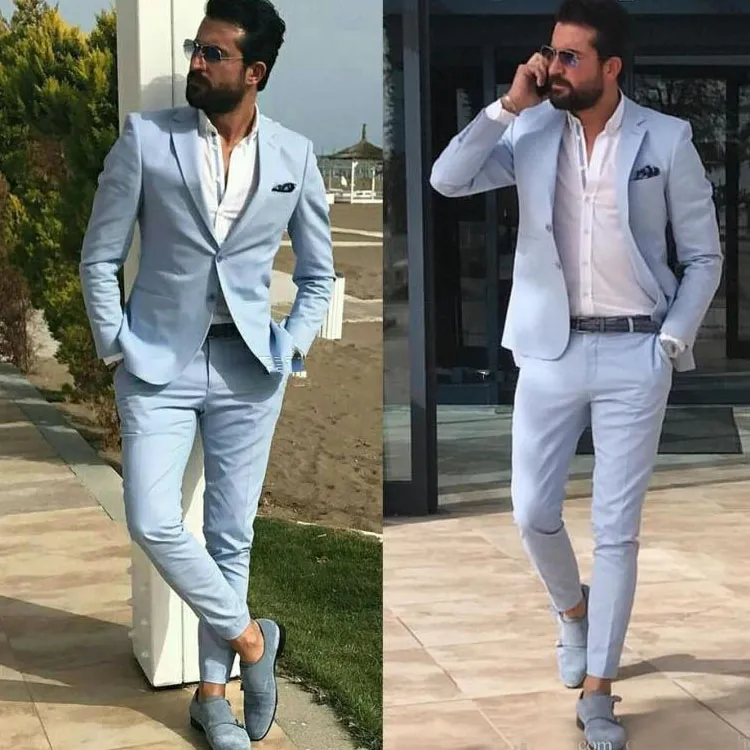 Light Sky Blue Slim Fit Mens Suits Notched Lapel Groom Beach Wedding Tuxedos For Prom Party Blazers Two Pieces Formal Suits(Jacket+Pants)