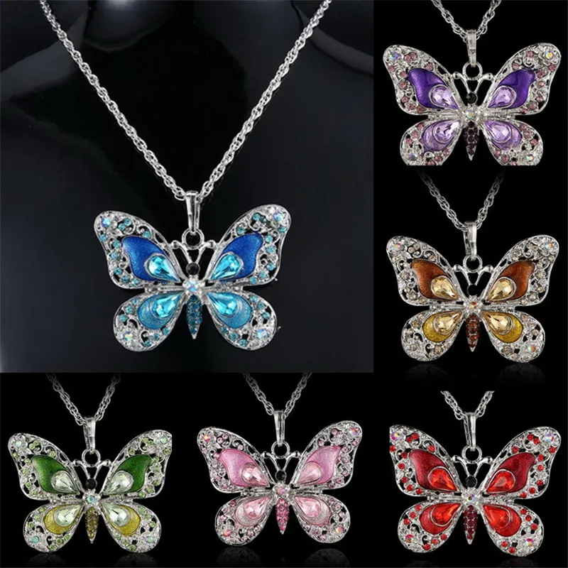 Butterfly tröja kedja halsband kristall rhinestone halsband för tjejer mode kvinnor halsband smycken djur hängsmycke charm halsband 6colors