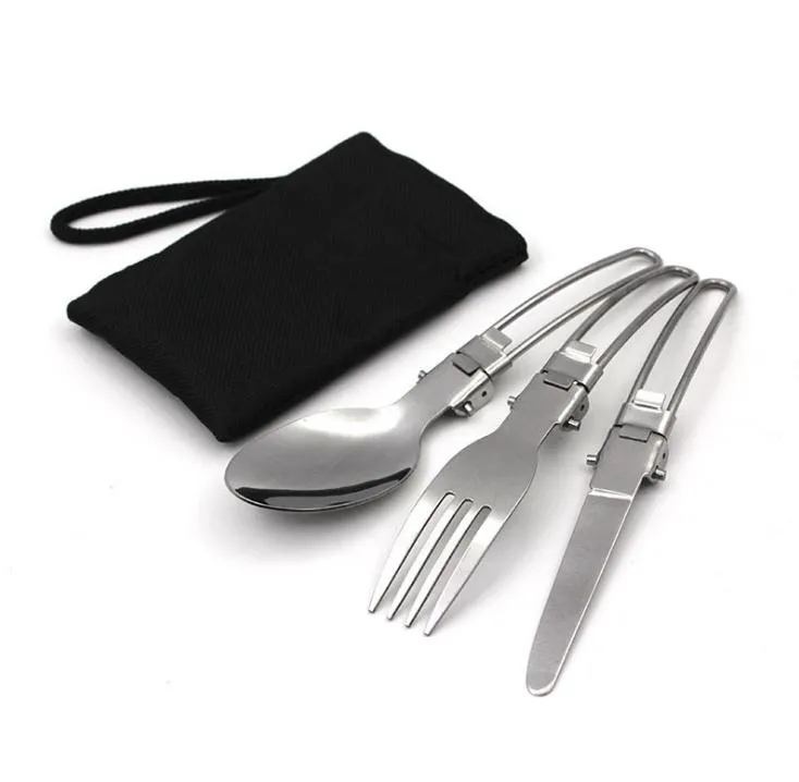 3Pcs Coltello portatile Forchetta Cucchiaio Set Borsa da campeggio esterna Imballaggio Set di posate portatile pieghevole in acciaio inossidabile SN3021