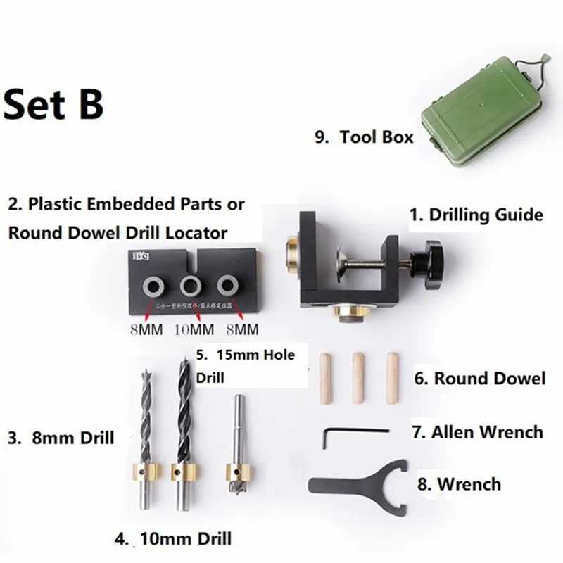 Livraison gratuite Perforateur de positionnement 3-en-1 Ensemble d'outils de charpentier Guide de perçage du bois Gabarit de goujon pour les joints de surface de bord d'angle Perçage de la pince à bois