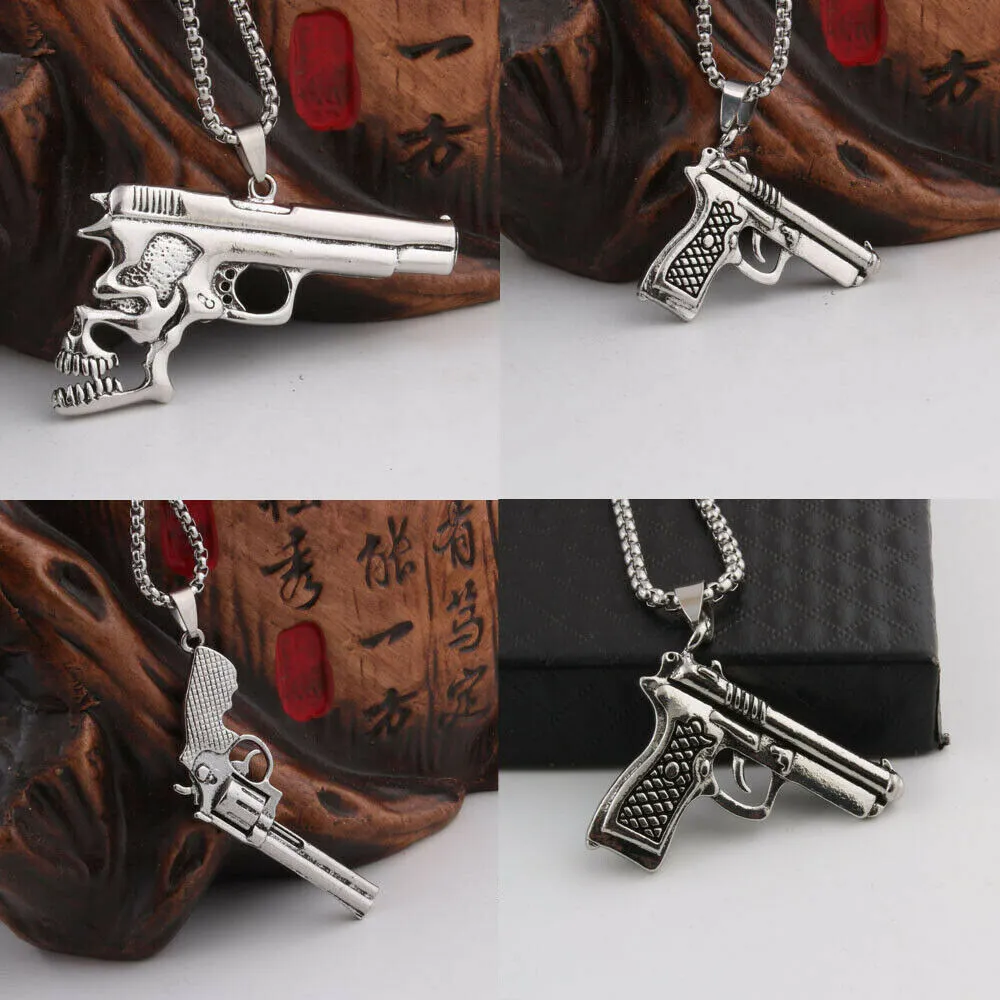 Moderne Männer Frauen Punk Revolver Pistole Pistole Anhänger Halskette Vintage Rette Hip Hop Edelstahl Halskette Schmuck