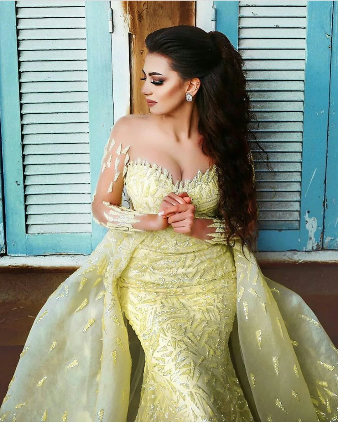 long sleeve yellow lace prom dress Yellow Mermaid Prom Yellow Long Sleeve Lace Prom Dress Yellow Mermaid Prom  Dresses With Detachable Train