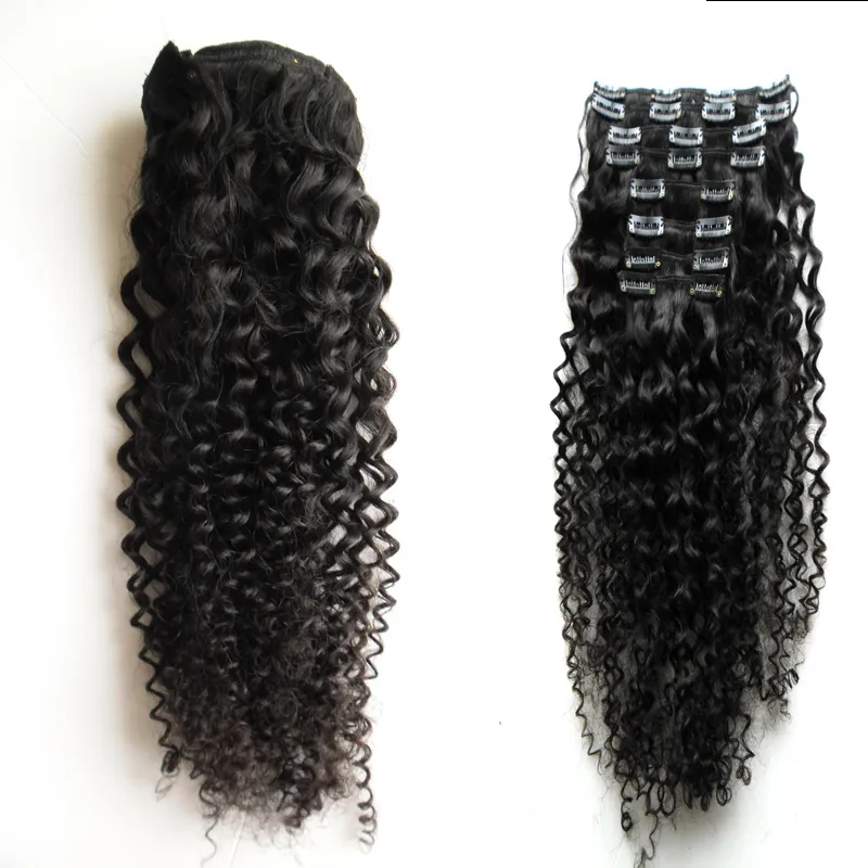 Afro Kinky Onda encaracolado Cabelo Humano Clipe em Extensões de Cabelo 8 Peças Brasileira Extensão Humana Clipe 100g / Set Clipe em Extensões de Cabelo Humano