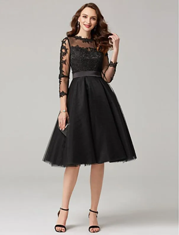 Elegante preto a linha jóia tule vestidos de dama de honra na altura do joelho vestido de festa de casamento 3/4 comprimento manga vestidos de dama de honra com appliq245m