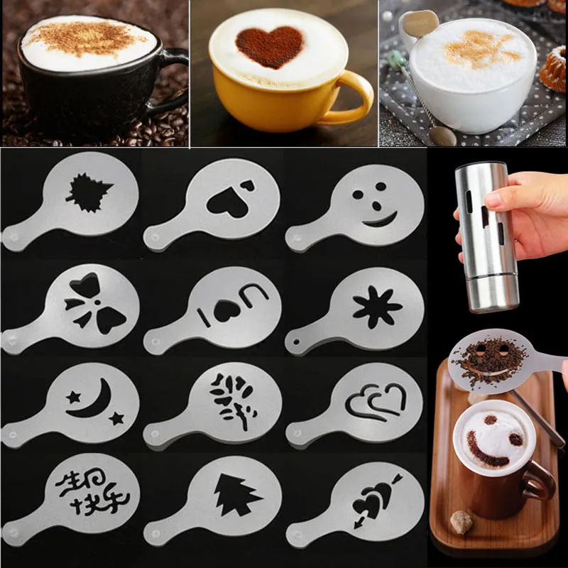 Café Pochoir Filtre Cafetière Cappuccino Barista Moule Modèles Strew Fleurs Pad Spray Art Café Outils 16 pcs/lot XD22961