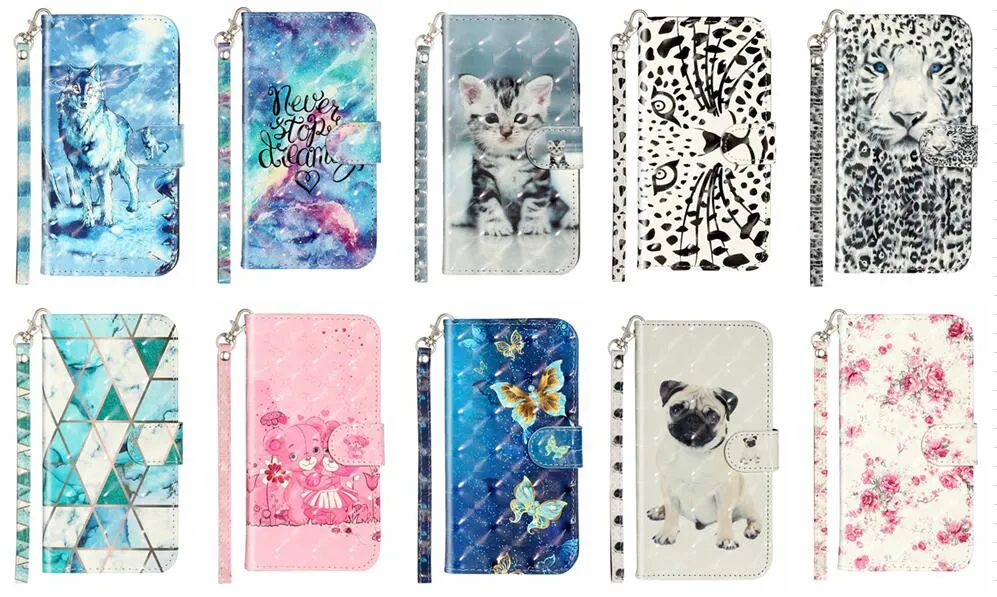 3D lederen portemonnee hoesjes voor iPhone 15 14 13 12 11 Pro Max XR XS 8 7 6 Plus 5 SE Wolf kat luipaard marmeren bloem vlinder beer flip cover luxe kaartsleuf ID stand meisje etui