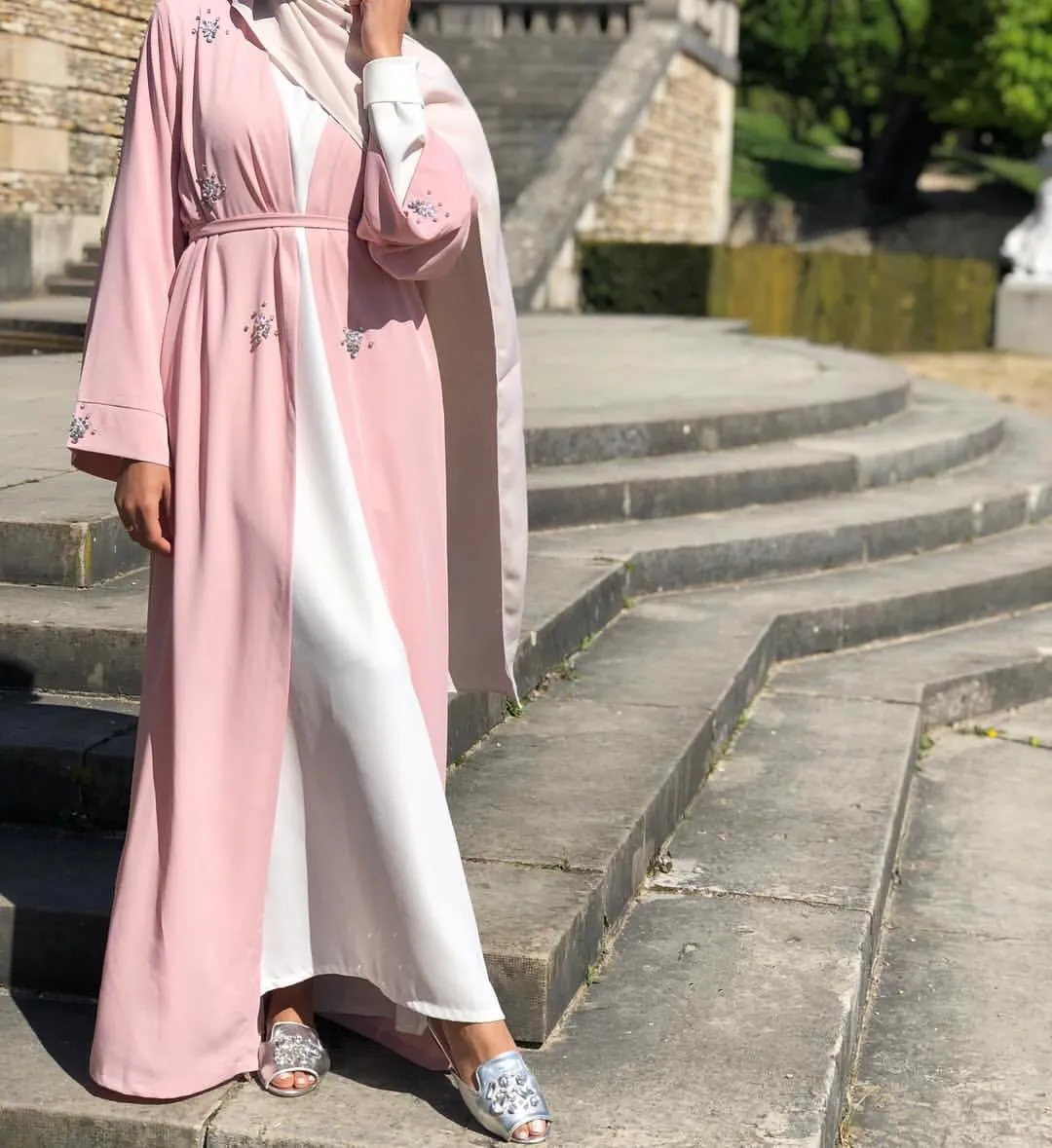 Stylish Abaya with Diamonds, Beading, and Belt for Women - Long Robe in S-2xl Sizes