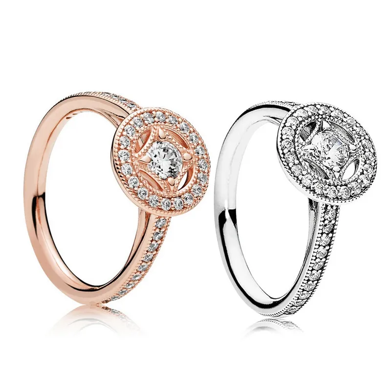 Elegant and elegant ring for Pandora 925 sterling silver plated rose gold set CZ diamond intoxicating vintage charm ladies ring with box