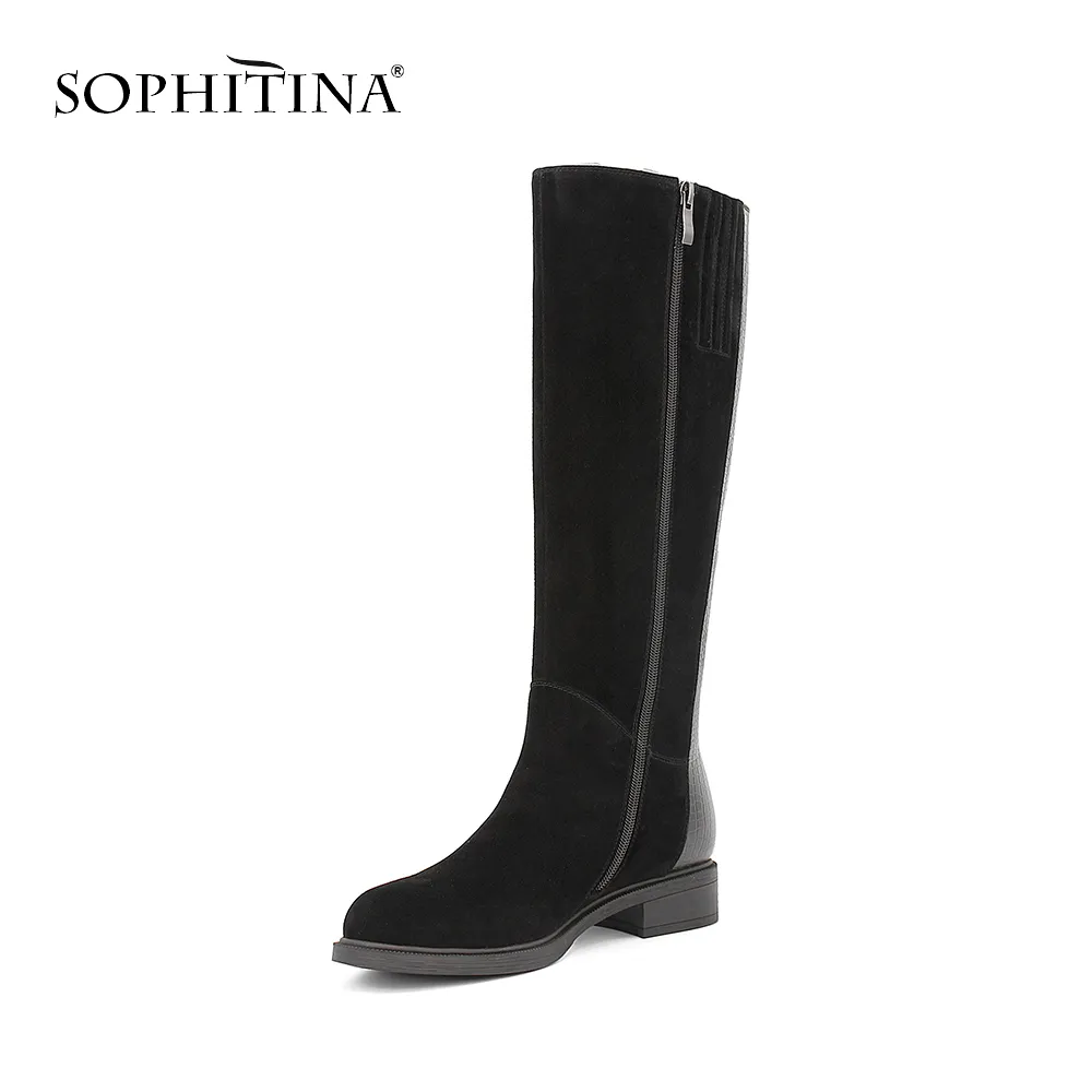 Vente chaude-noir en cuir véritable bottes d'hiver bout rond doux talon bas genou-haut Sexy dame bottes solide marque femmes chaussures B33