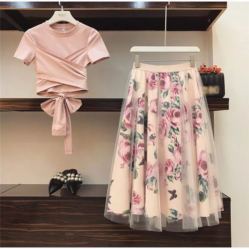 Bloemenprint Vrouwen T-shirt + Mesh Rok Past Strik Vintage Tweedelige Sets Elegante Vrouw Rok 2019 Zomer meisje Tees Tops Female1