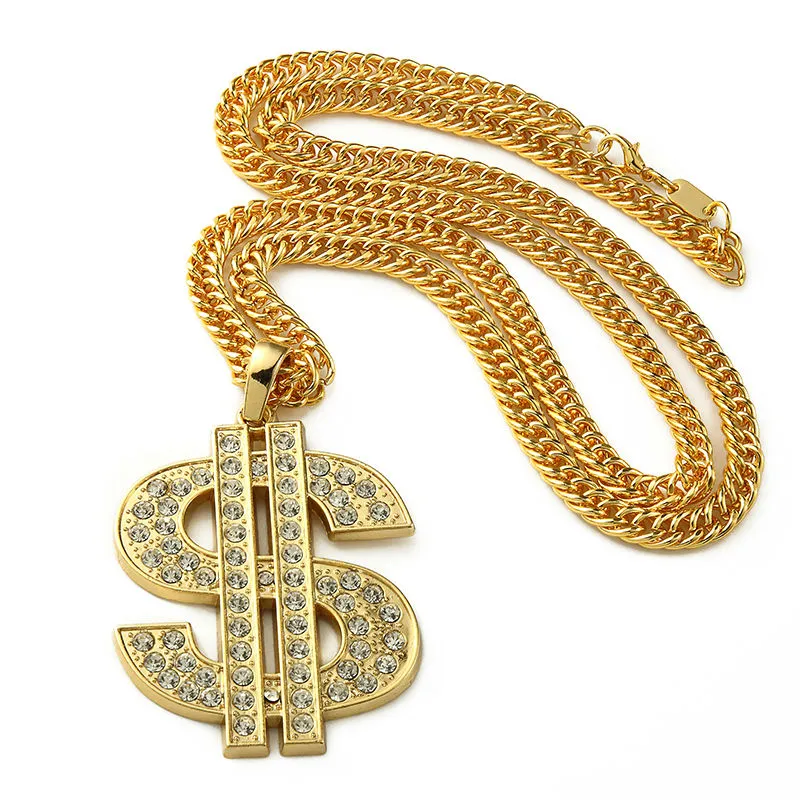 Ouro Bling Grande Dólar $ Sign colares Hip Hop Jóias Presentes Chains Homens Mulheres Charme Pingentes de Dinheiro de Cristal