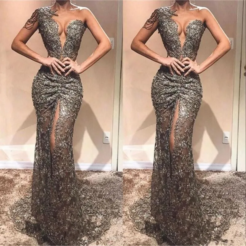 Split Sexy Mermaid Prom Dresses One Shoulder Short Sleeve Beads Lace Robe De Soiree Evening Dress See Through Yousef Aljasmi