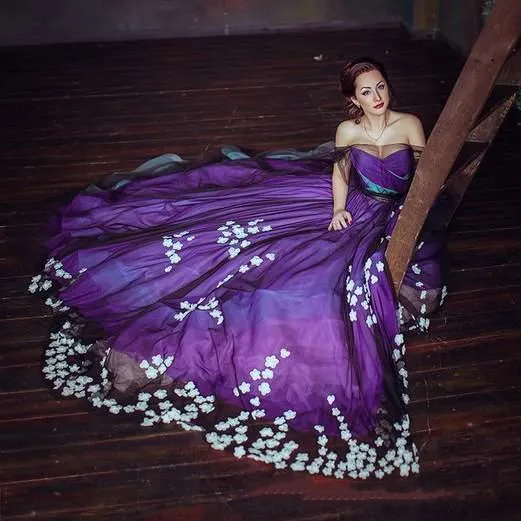 Plus Size Purple Floral Applique Off-Shoulder Prom Purple Wedding Dress with A-Line Silhouette and Sweep Train in Tulle Formal Fabric