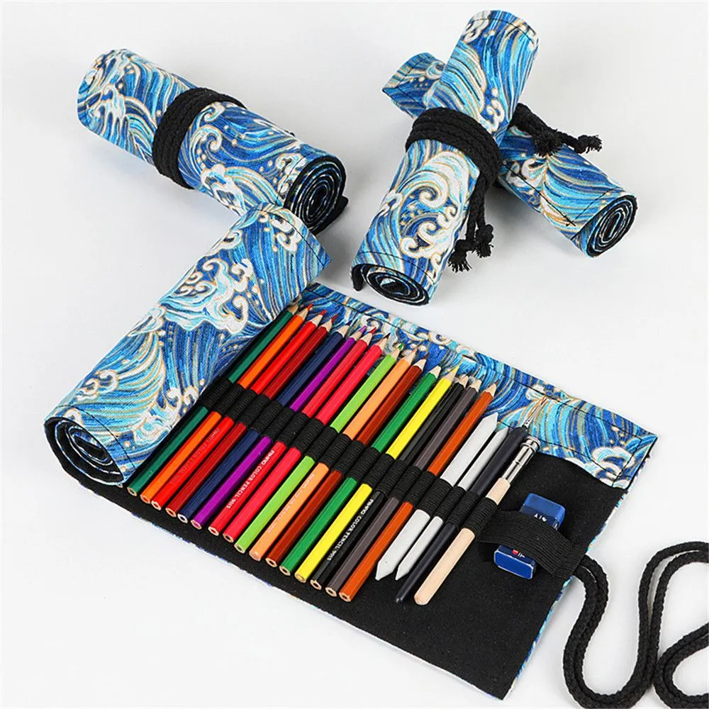 Wholesale Canvas 12/24/36 Holes Pencil Bag Wrap Roll Up Pen Holder